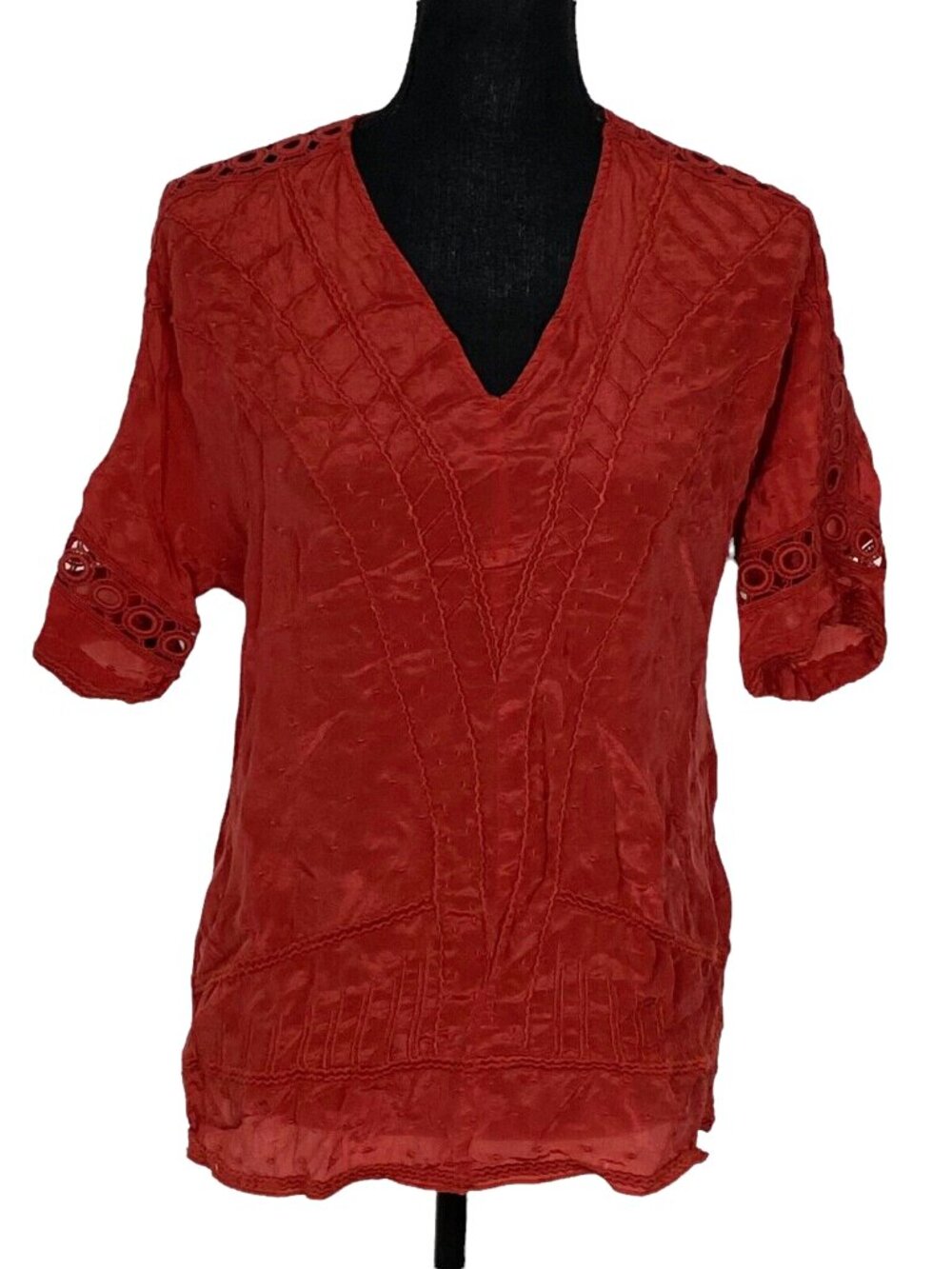 SUNDANCE Women Swiss Dot Short Sleeve‎ V Neck Top Sz S Burnt Orange 10-12